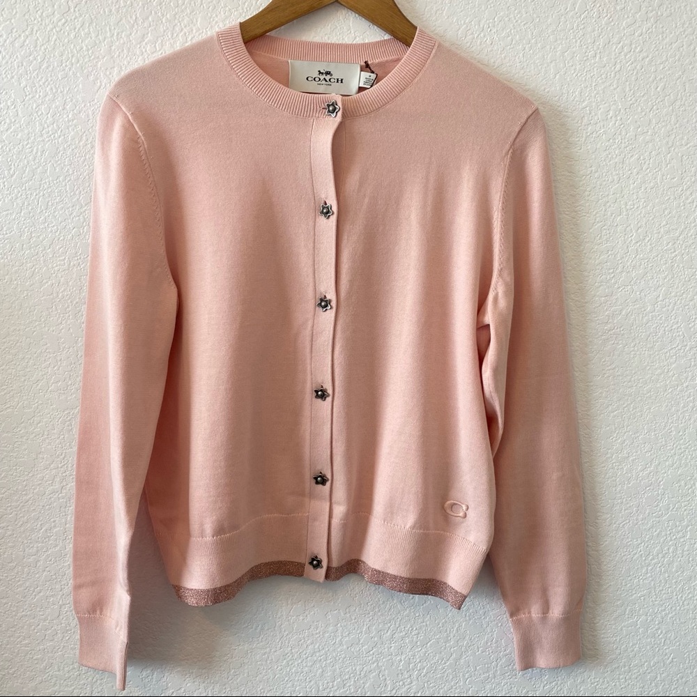 NWT COACH blush pink cardigan tea rose buttons glitter trim womens size Medium